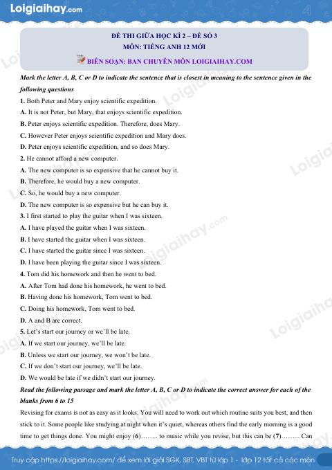 Đề số 3 - Đề kiểm tra giữa kì 2 - Tiếng Anh 12 mới